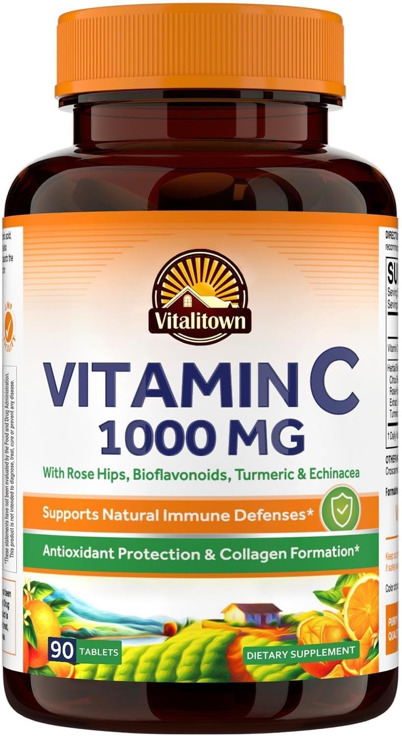 Vitalitown Complejo de Vitamina C 1000 mg con Escaramujo, Bioflavonoides, Cúrcuma y Equinácea - 90 Comprimidos