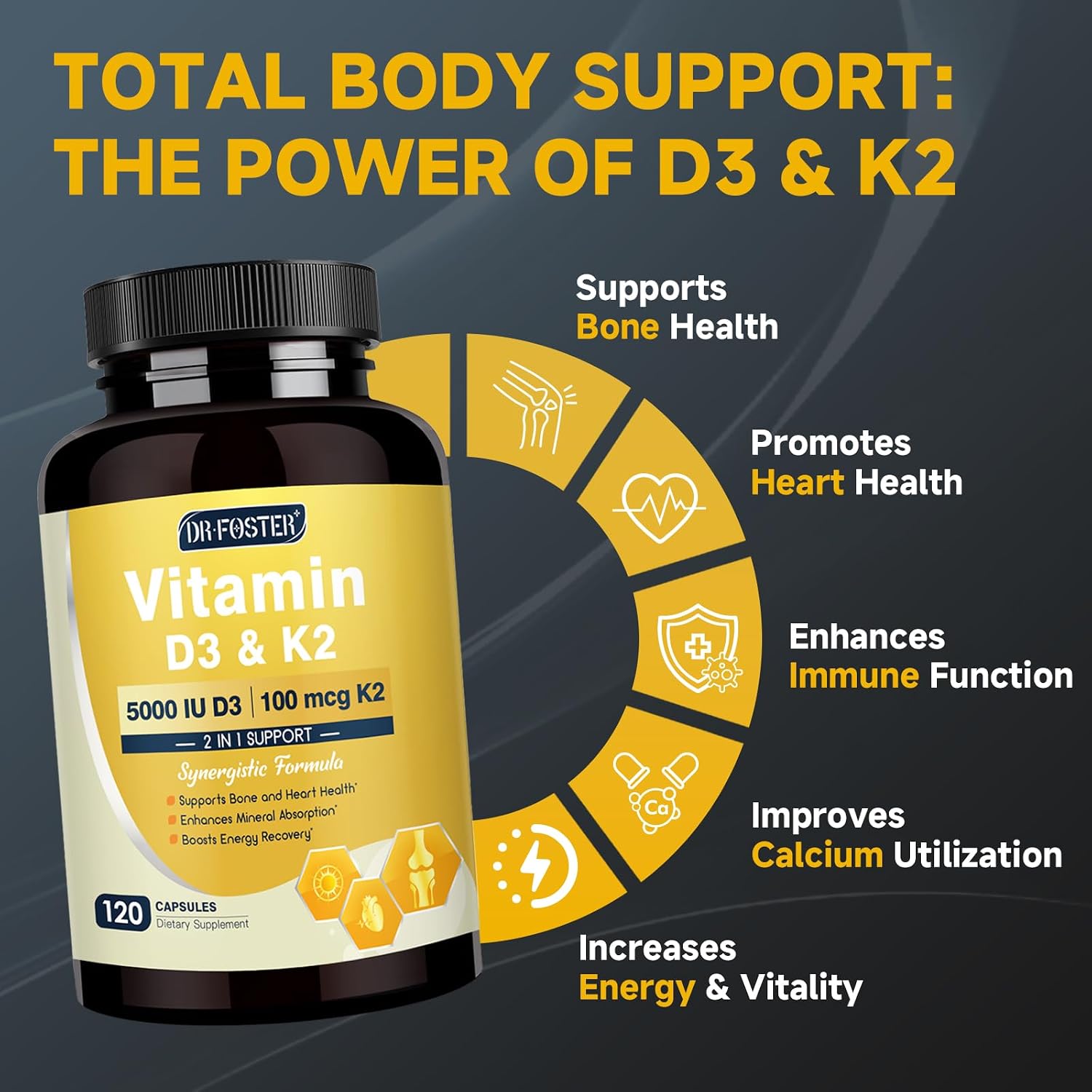 DRFOSTER Vitamina D3 K2 – Alta Potencia 125mcg D3 (5000UI) y 100mcg K2 (MK7) – Salud Ósea, Corazón e Inmunidad – Mejorado con Zinc, Boro y MCT – 120 Cápsulas Veganas, No GMO, Sin Gluten