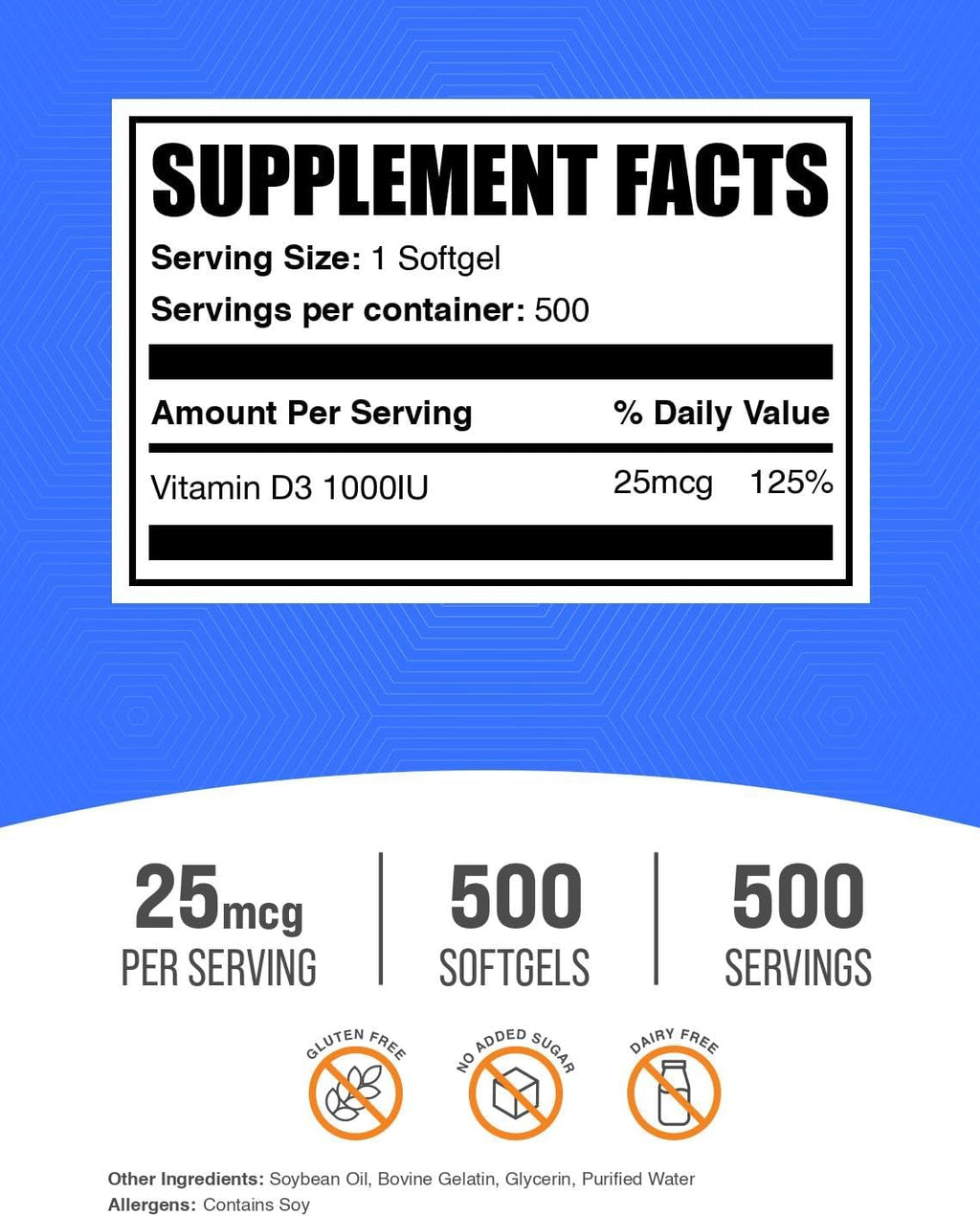 BulkSupplements Vitamina D3 1000 IU - 500 Cápsulas Blandas