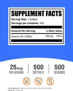 BulkSupplements Vitamina D3 1000 IU - 500 Cápsulas Blandas