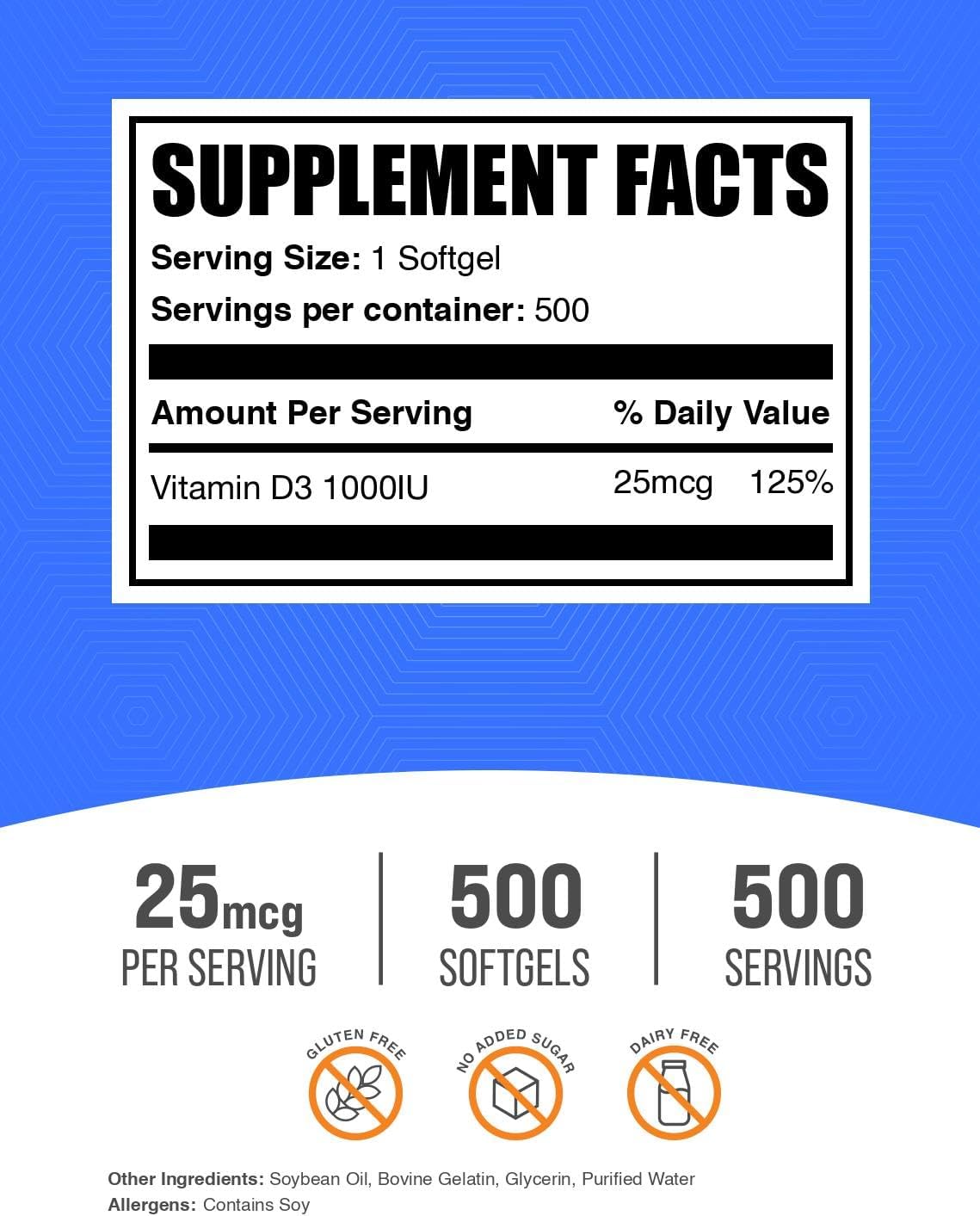 BulkSupplements Vitamina D3 1000 IU - 500 Cápsulas Blandas