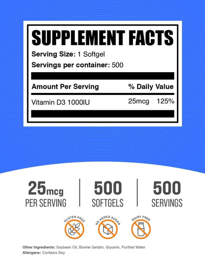BulkSupplements Vitamina D3 1000 IU - 500 Cápsulas Blandas – Image 2