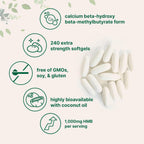 HMB 1.000 mg | 240 Cápsulas Blandas con Aceite de Coco | Alta Biodisponibilidad | Suplemento HMB para Hombres y Mujeres | Beta-Hidroxi Beta-Metilbutirato Cálcico | Apoya la Masa Muscular Magra y la Recuperación Muscular