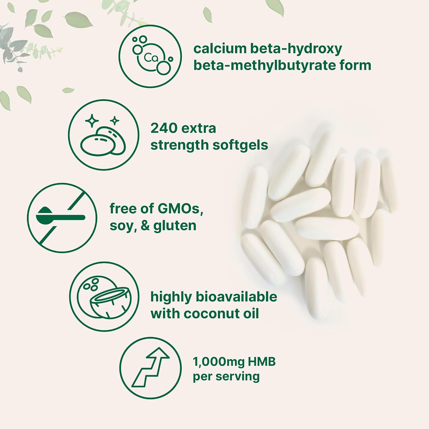 HMB 1.000 mg | 240 Cápsulas Blandas con Aceite de Coco | Alta Biodisponibilidad | Suplemento HMB para Hombres y Mujeres | Beta-Hidroxi Beta-Metilbutirato Cálcico | Apoya la Masa Muscular Magra y la Recuperación Muscular