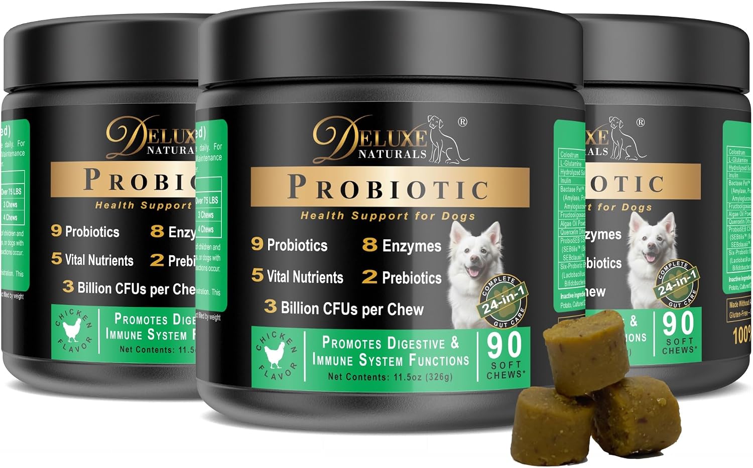 Deluxe Naturals Probiotic Soft Chews for Dogs – 270 Count (3 x 90ct) – Digestive & Immune Support with 9 Probiotics, 8 Enzymes, 2 Prebiotics & 5 Vital Nutrients – Chicken Flavor