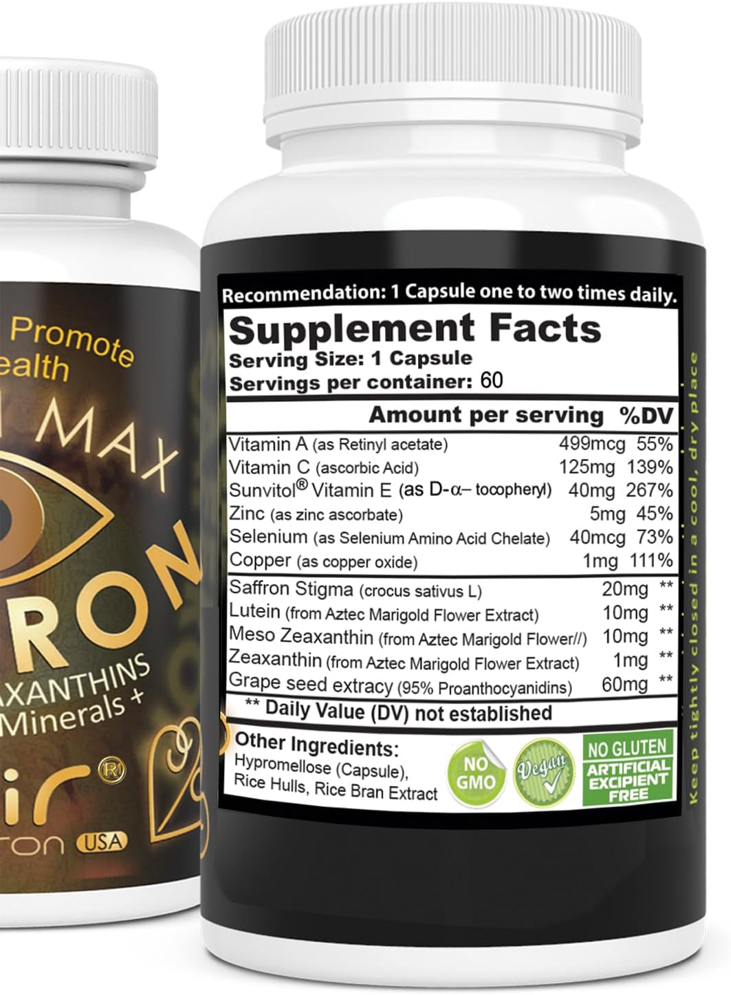 Vision Max - Suplemento de Vitaminas para la Vista con Azafrán, Luteína, Semilla de Uva y Minerales, 60 Cápsulas