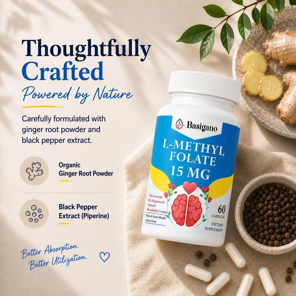 Basigano 15 mg L-Metilfolato (5-MTHF) con Vitaminas B6 y B12 – 60 Cápsulas Vegetarianas