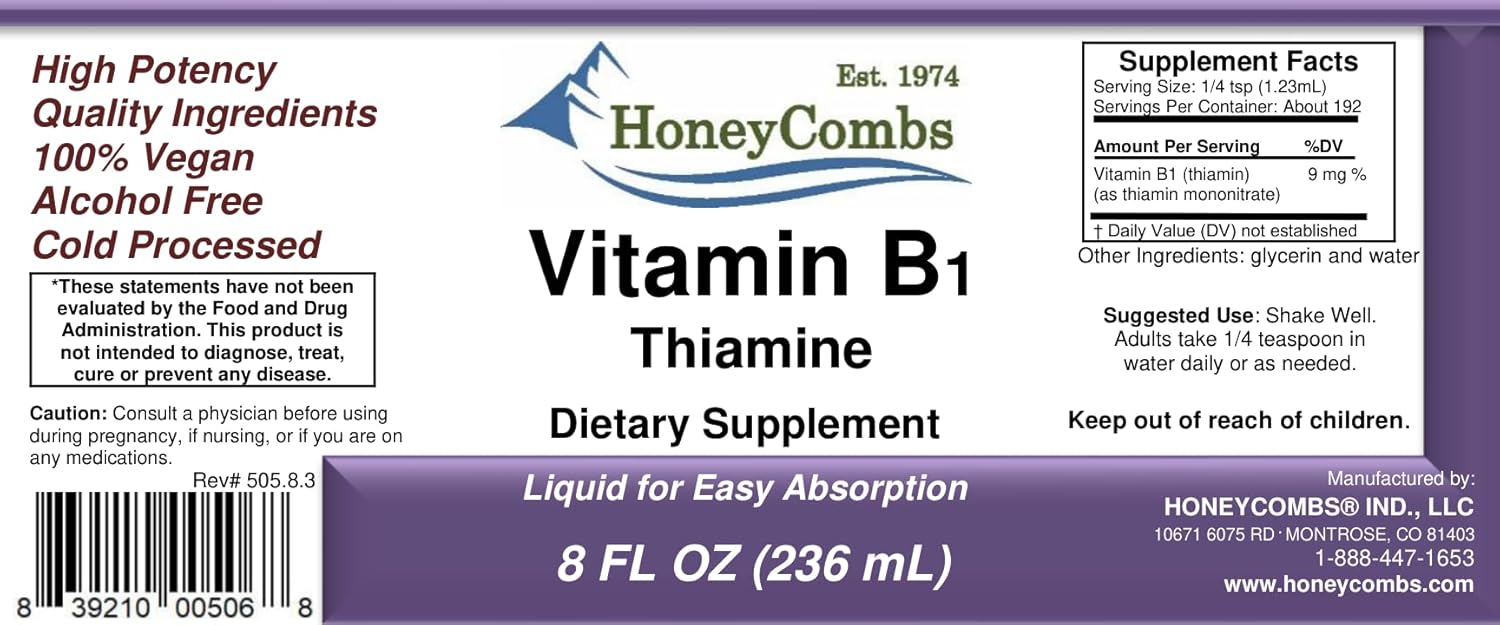 HoneyCombs Suplemento de Vitamina B1 (Tiamina) Gotas Líquidas - Alta Potencia para Hombres y Mujeres - Mantiene el Sistema Nervioso, la Energía y la Salud General - Vitaminas B Veganas (237 ml)