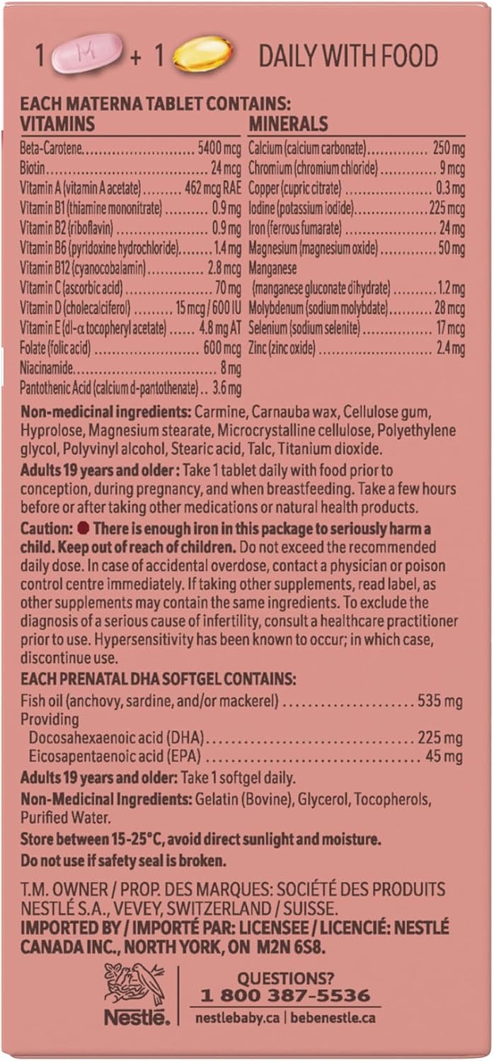 NESTLÉ Materna Multivitamínico Prenatal con DHA y Ácido Fólico - 60 Comprimidos + 60 Perlas