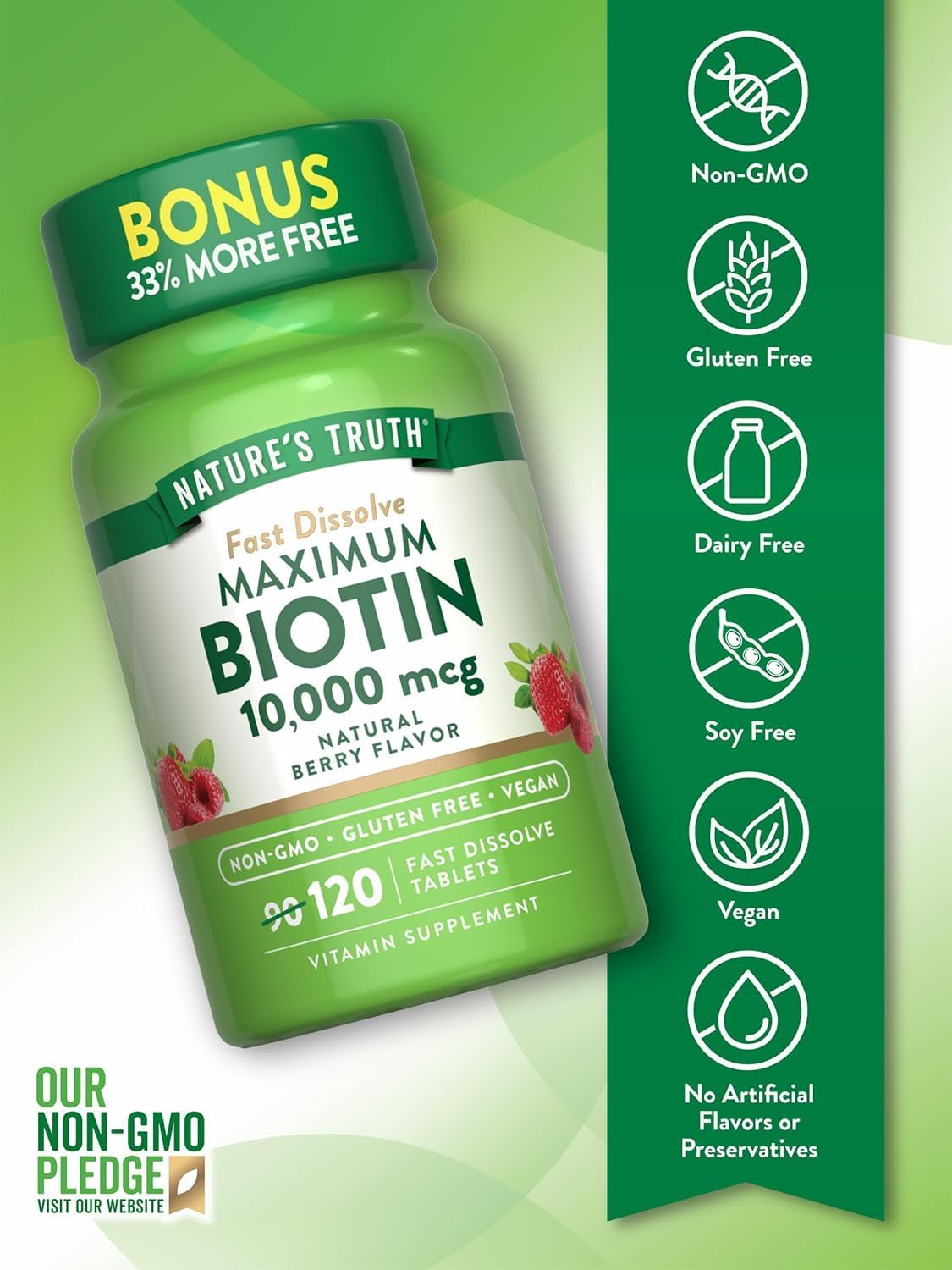 Nature's Truth Biotin 10,000 mcg Rapid Dissolve Tablets, Berry Flavor, Pack of 3 (120 Tablets Each)