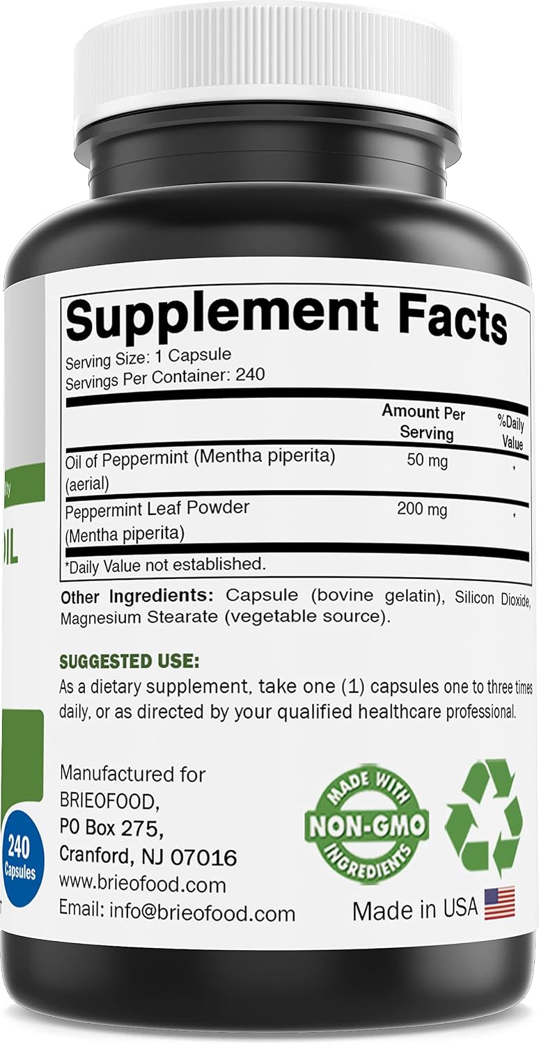 Brieofood Complejo de Aceite de Menta - 250 mg - 240 Cápsulas - Apoya la Salud Digestiva - Sin Gluten y Non-GMO