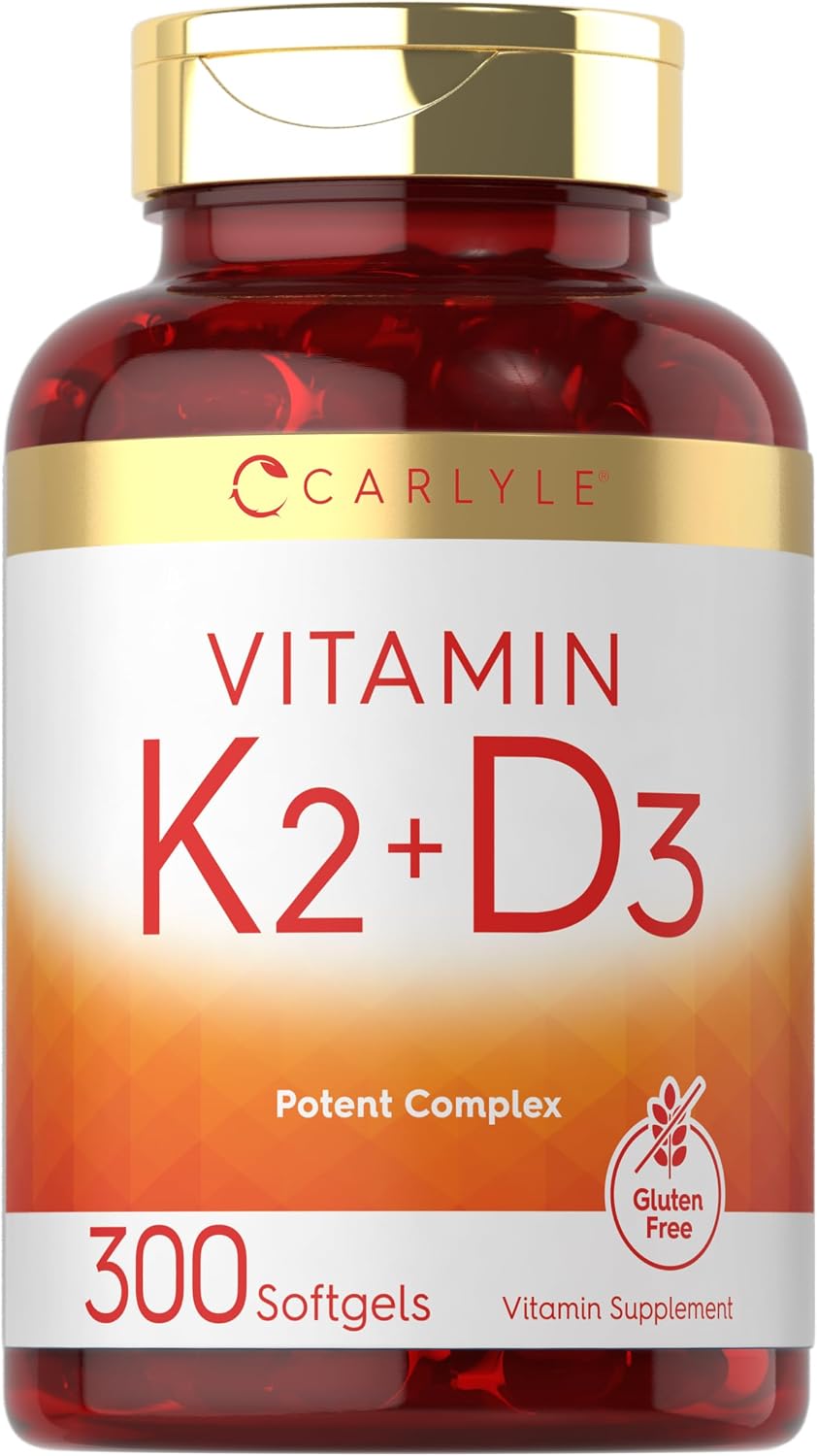 Carlyle Vitamina K2 D3 | 300 Cápsulas Blandas | 200 mcg K2 MK7 y 10,000 UI D3 | Sin Gluten, No-GMO