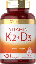Carlyle Vitamina K2 D3 | 300 Cápsulas Blandas | 200 mcg K2 MK7 y 10,000 UI D3 | Sin Gluten, No-GMO