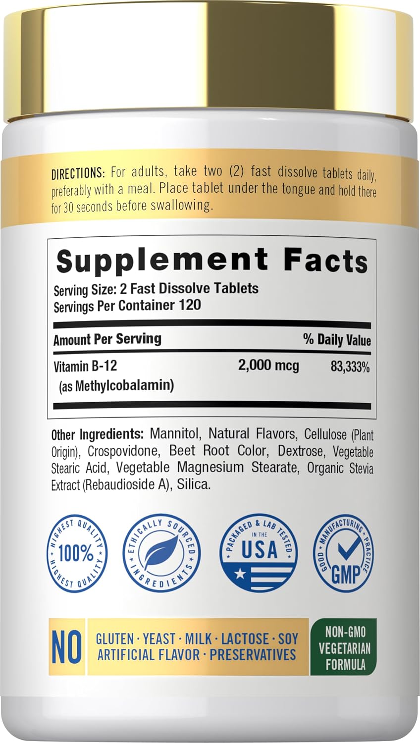 Carlyle Vitamina B12 2000 mcg - 240 Comprimidos Sublinguales de Metilcobalamina - Sabor a Bayas - Suplemento Vegetariano, No OGM y Sin Gluten