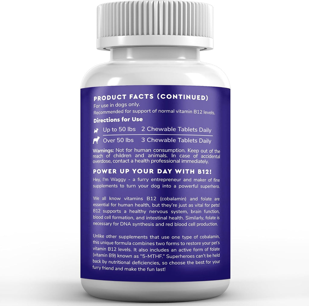 Suplemento de Vitamina B12 para Perros – B-12 para Todas las Edades, Tamaños y Razas – con Metilcobalamina, Cobalamina y Folato (5-MTHF) – 90 Comprimibles Sabor Carne