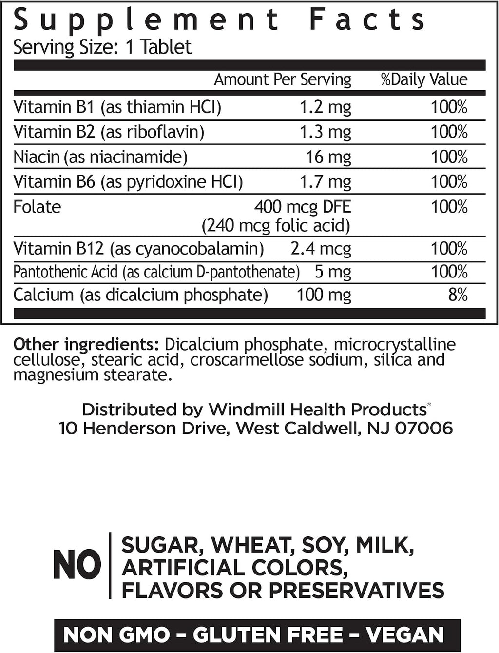 Windmill Natural Vitamins B Complex (100% Valor Diario), 100 Comprimidos