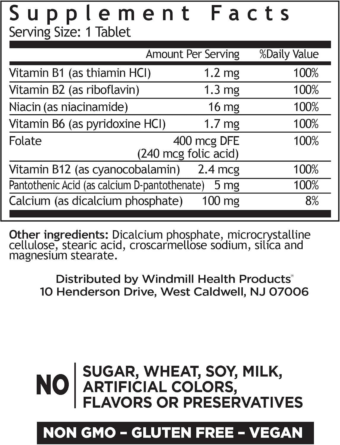 Windmill Natural Vitamins B Complex (100% Valor Diario), 100 Comprimidos