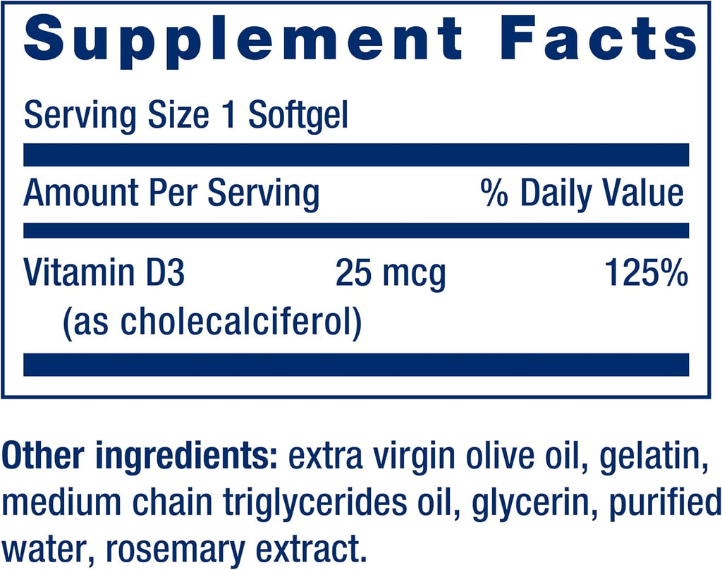 Life Extension Vitamina D3 25 mcg (1000 UI) - 250 Cápsulas Blandas