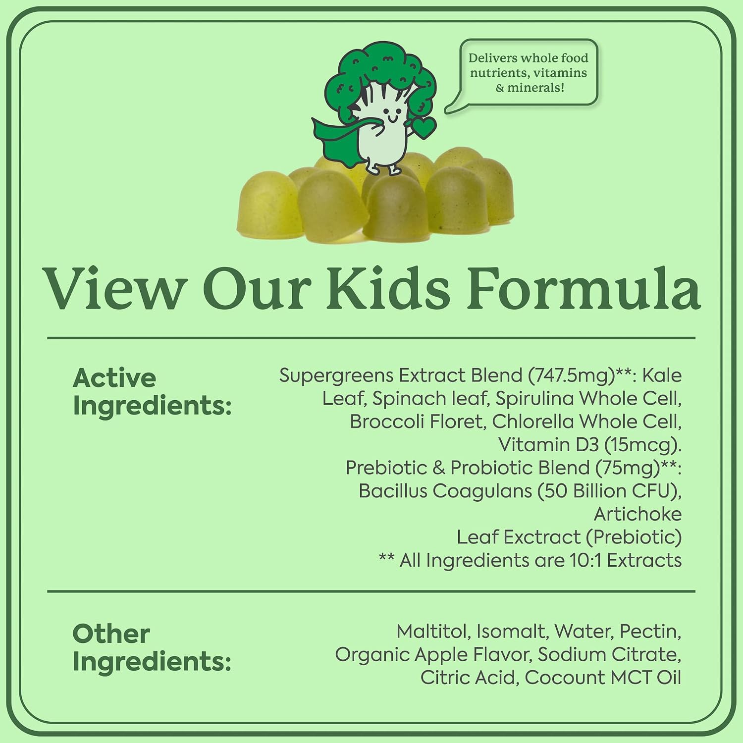 WonderGreens Kids Super Veggie Gummies - Gomitas de verduras sin azúcar para niños con probióticos - Sabor a manzana verde (30 unidades)