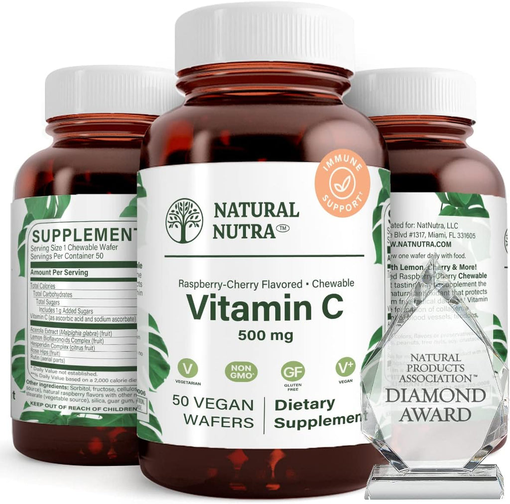 Natural Nutra Vitamina C 500 mg, 50 Comprimidos Veganos Sabor Frambuesa-Cereza