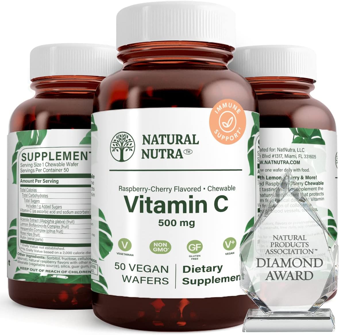 Natural Nutra Vitamina C 500 mg, 50 Comprimidos Veganos Sabor Frambuesa-Cereza