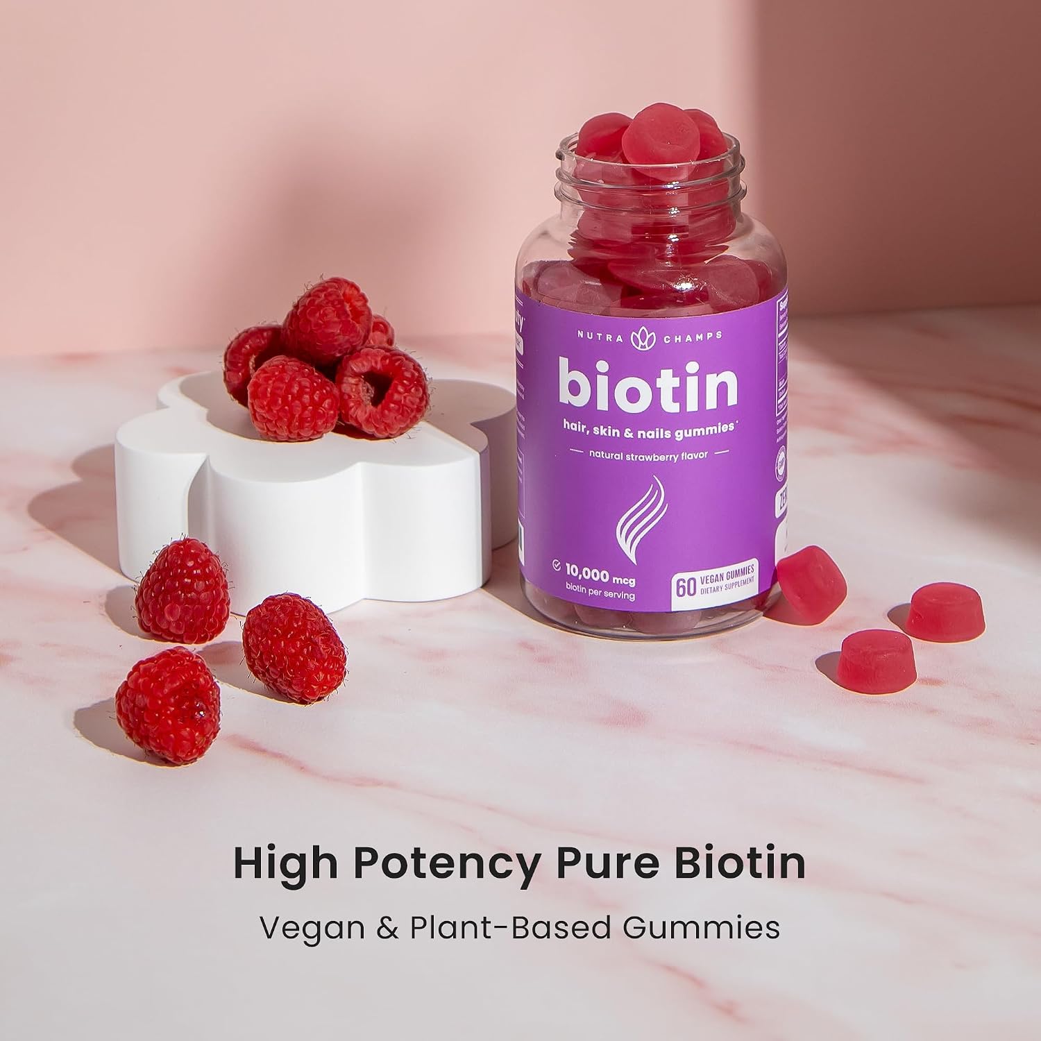 NutraChamps Biotin Gummies 10.000 mcg (2 Pack) - Gominolas de Biotina para Cabello, Piel y Uñas - Vegano, Sin Gelatina