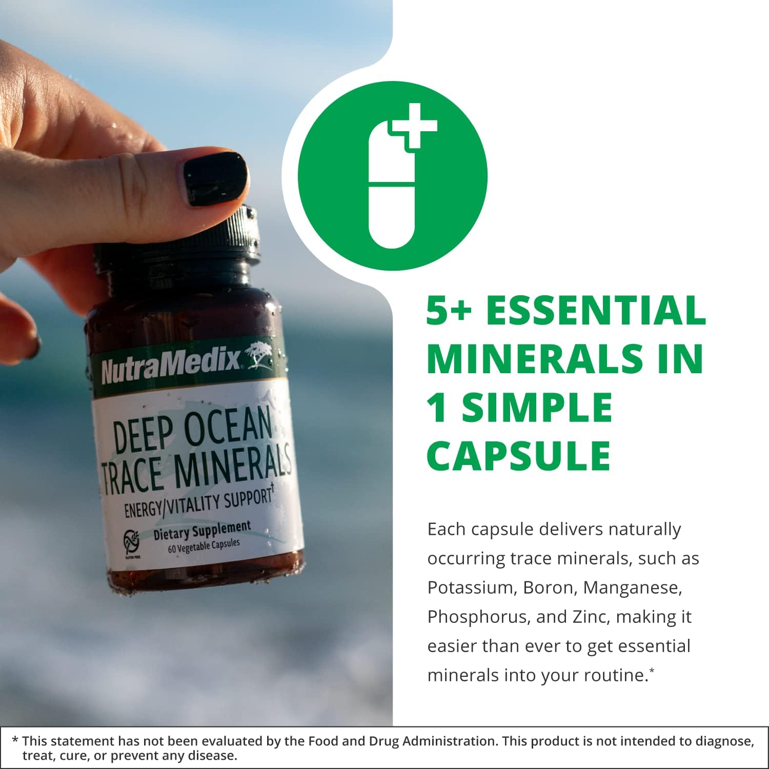 NutraMedix Deep Ocean Trace Minerals 1000mg - Suplemento Mineral y Energético - Magnesio, Zinc, Potasio, Boro, Fósforo y Manganeso - Apoyo Electrolítico (60 Cápsulas)
