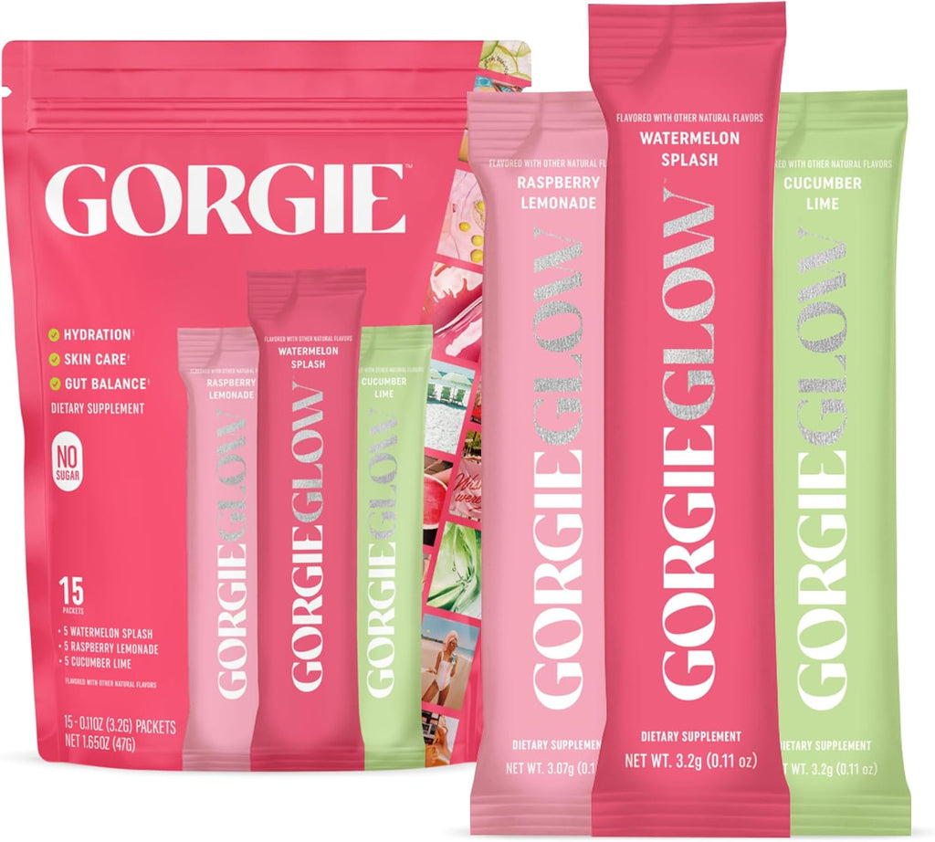 GORGIE Glow Hydration Packets, Sobres de Electrolitos sin Azúcar, Ácido Hialurónico, Probióticos, Aquamin, Vitaminas C y D, Sin Cafeína - Pack Variado 15 Sticks