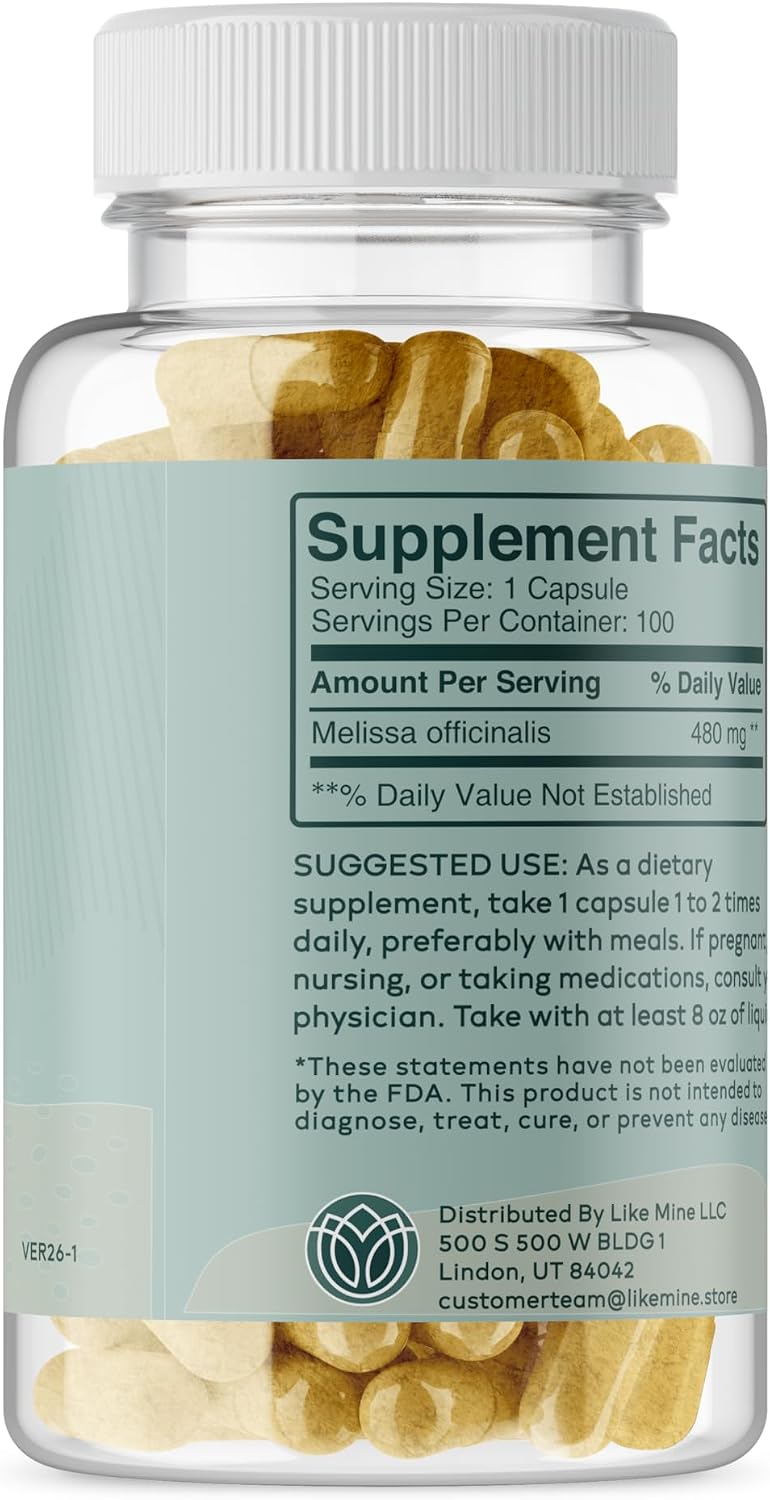 Like Mine Lemon Balm (100 Cápsulas), Puro y Natural, No-GMO, Sin Gluten, Suplemento Herbal para Mujeres