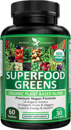 Potent Garden Super Greens Cápsulas - Complemento de Frutas y Verduras Orgánicas, 60 Comprimidos