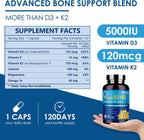 Complejo de Vitamina D3 K2 con Calcio y Magnesio - 6 en 1 - 5000 UI D3, 120 mcg K2 - 120 Cápsulas