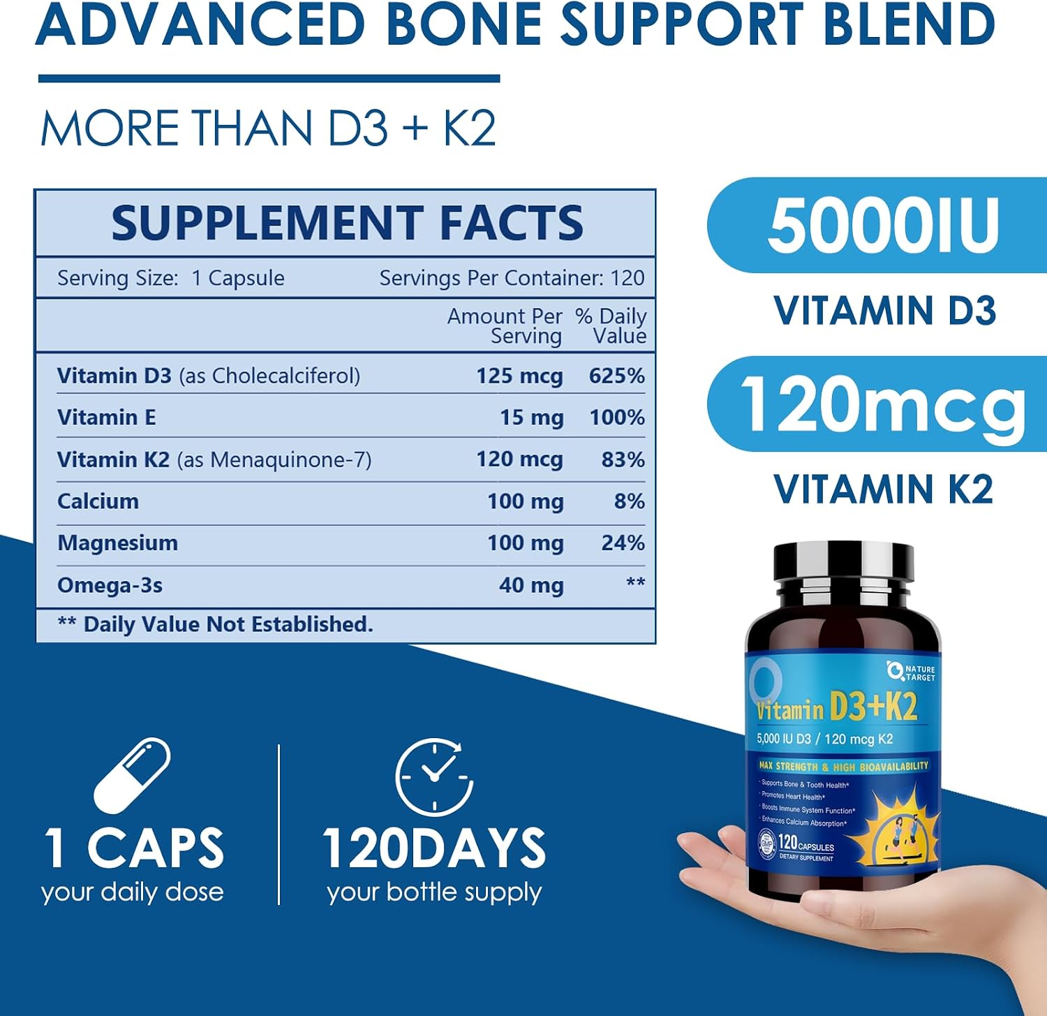 Complejo de Vitamina D3 K2 con Calcio y Magnesio - 6 en 1 - 5000 UI D3, 120 mcg K2 - 120 Cápsulas
