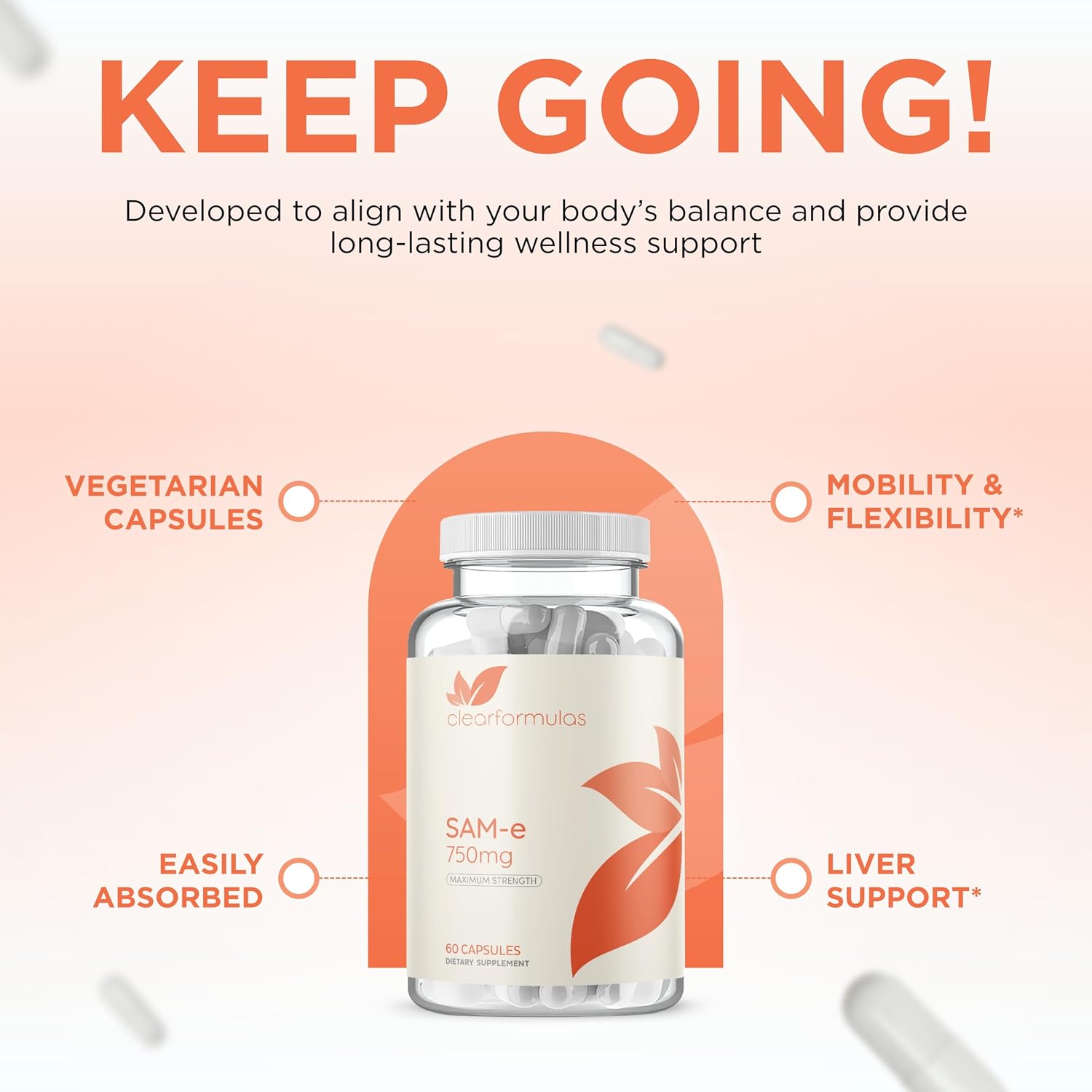 Clear Formulas Bioactive SAM-e 750mg - 60 Cápsulas Veganas No GMO