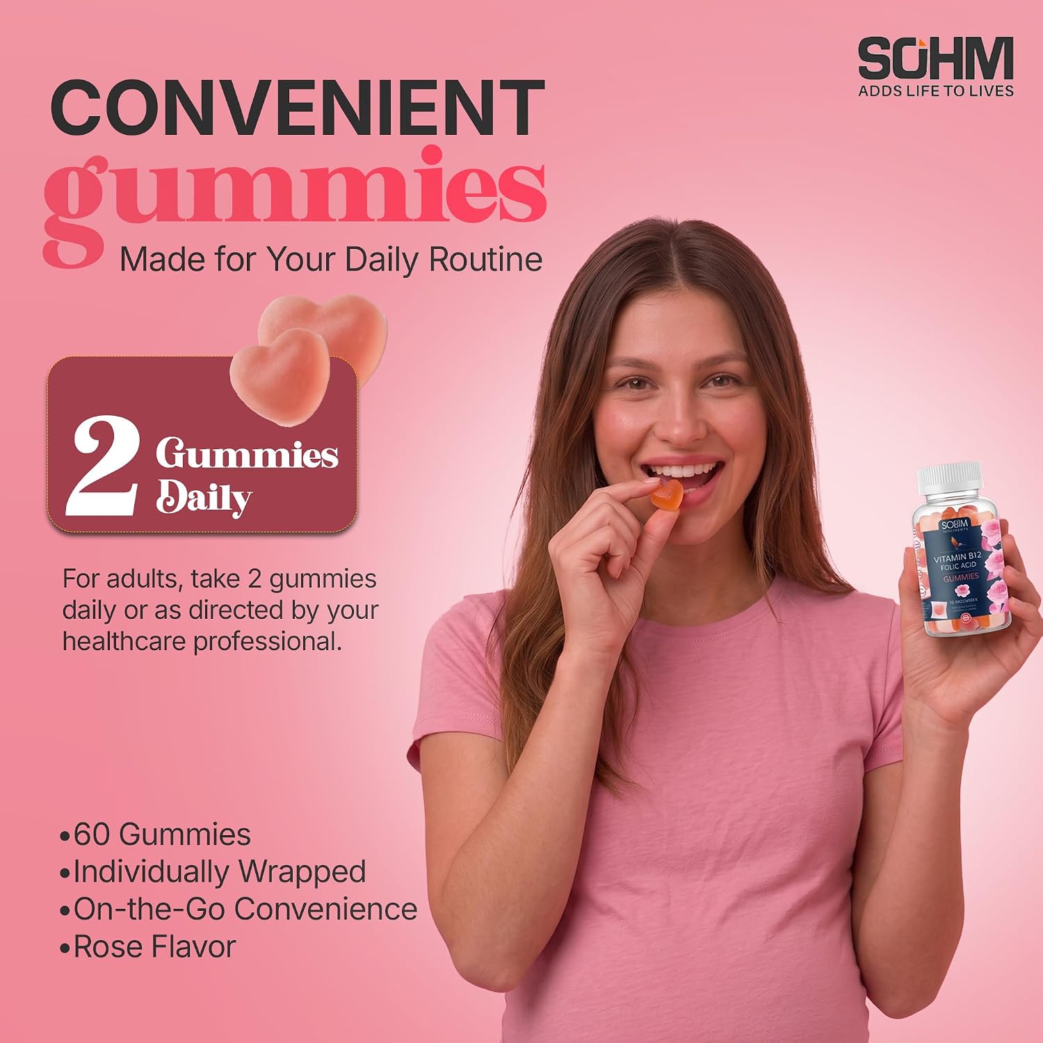 SOHM Ácido Fólico 300 mcg + Vitamina B12 Gomitas para Mujer, 60 unidades – Apoyo Prenatal