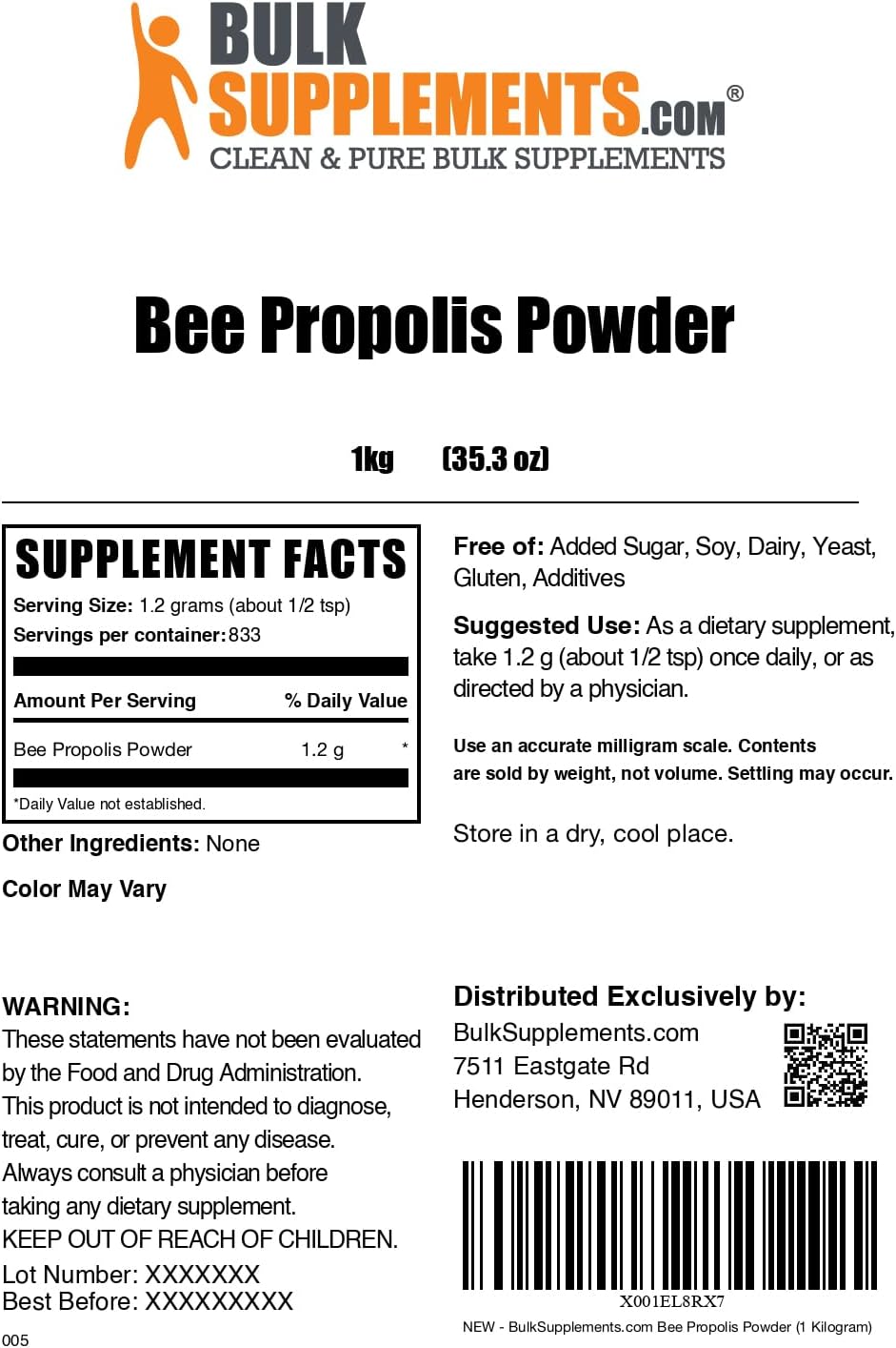 BulkSupplements Polvo de Propóleo de Abeja - Suplemento Natural, 1 kg (Paquete de 5)