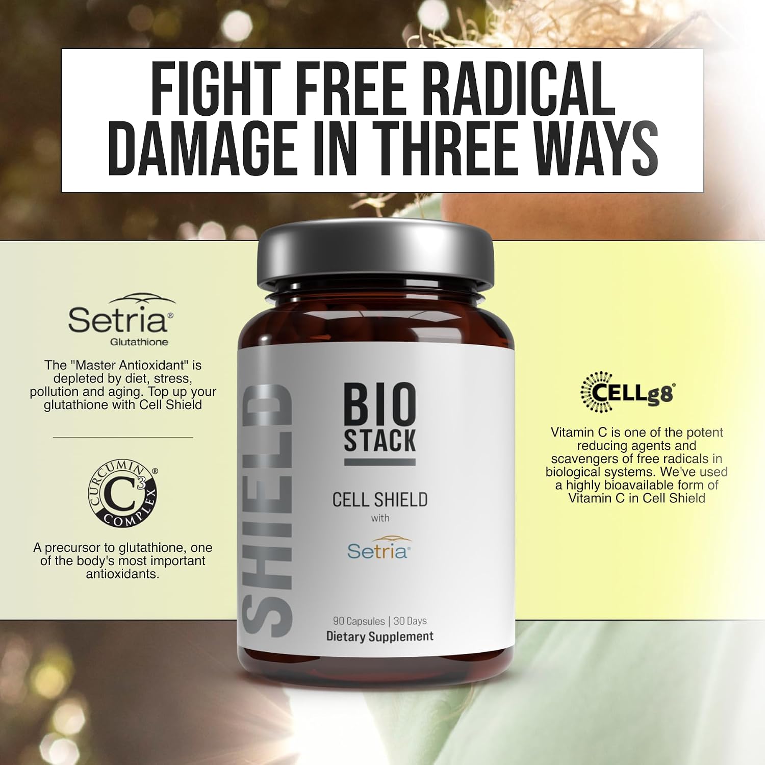 BIOSTACK Cell Shield con Setria Glutathione | Suplemento liposomal con Vitamina C, Cúrcuma y Complejo C3 de Curcumina | L-Glutatión Reducido Puro 500mg