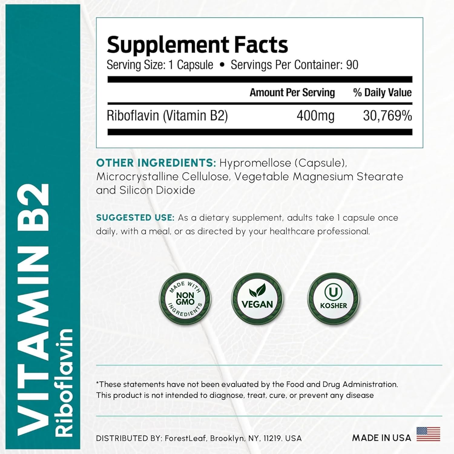ForestLeaf Vitamina B2 Riboflavina 400 mg - 90 Cápsulas Vegetales