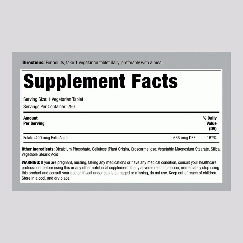 Piping Rock Ácido Fólico 400 mcg, 250 Comprimidos Vegetarianos