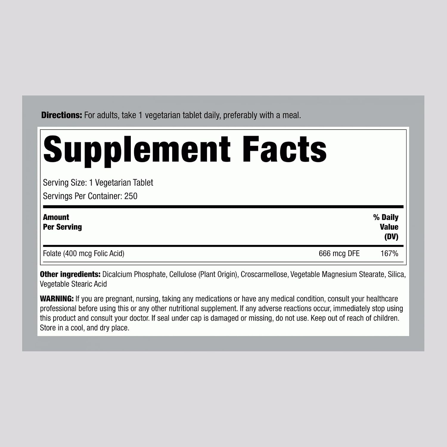 Piping Rock Ácido Fólico 400 mcg, 250 Comprimidos Vegetarianos