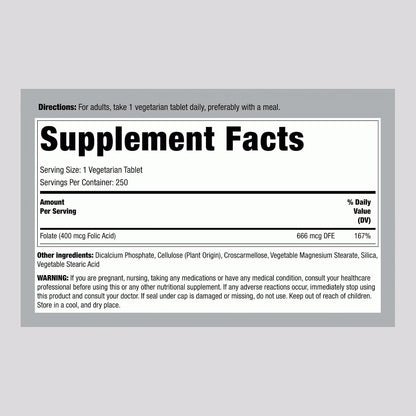 Piping Rock Ácido Fólico 400 mcg, 250 – Formato vegetariano: Los comprimidos son aptos para vegetarianos y – Image 2