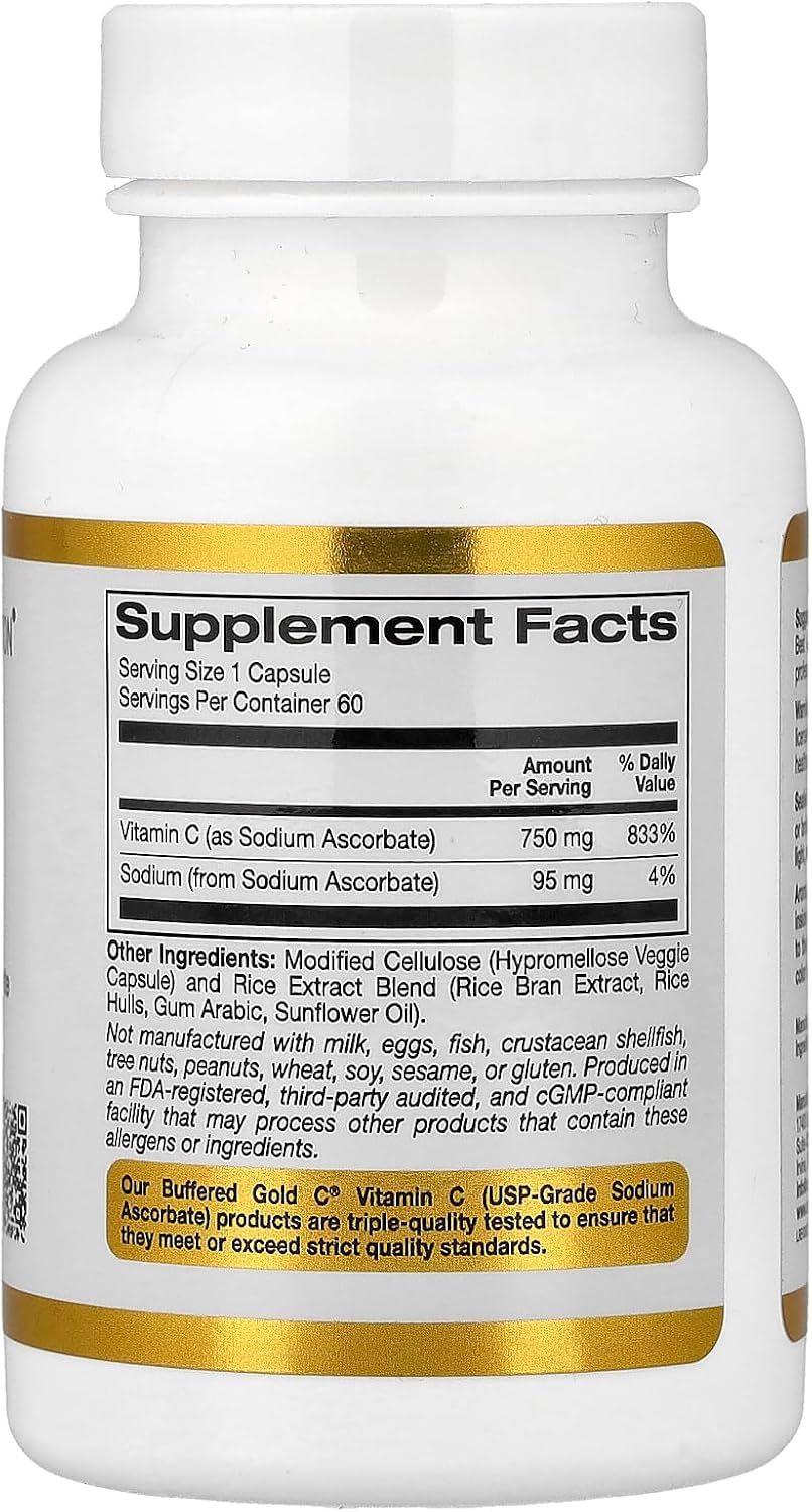 California Gold Nutrition Buffered Gold C, Ascorbato Sódico (Vitamina C), 60 Cápsulas Vegetales