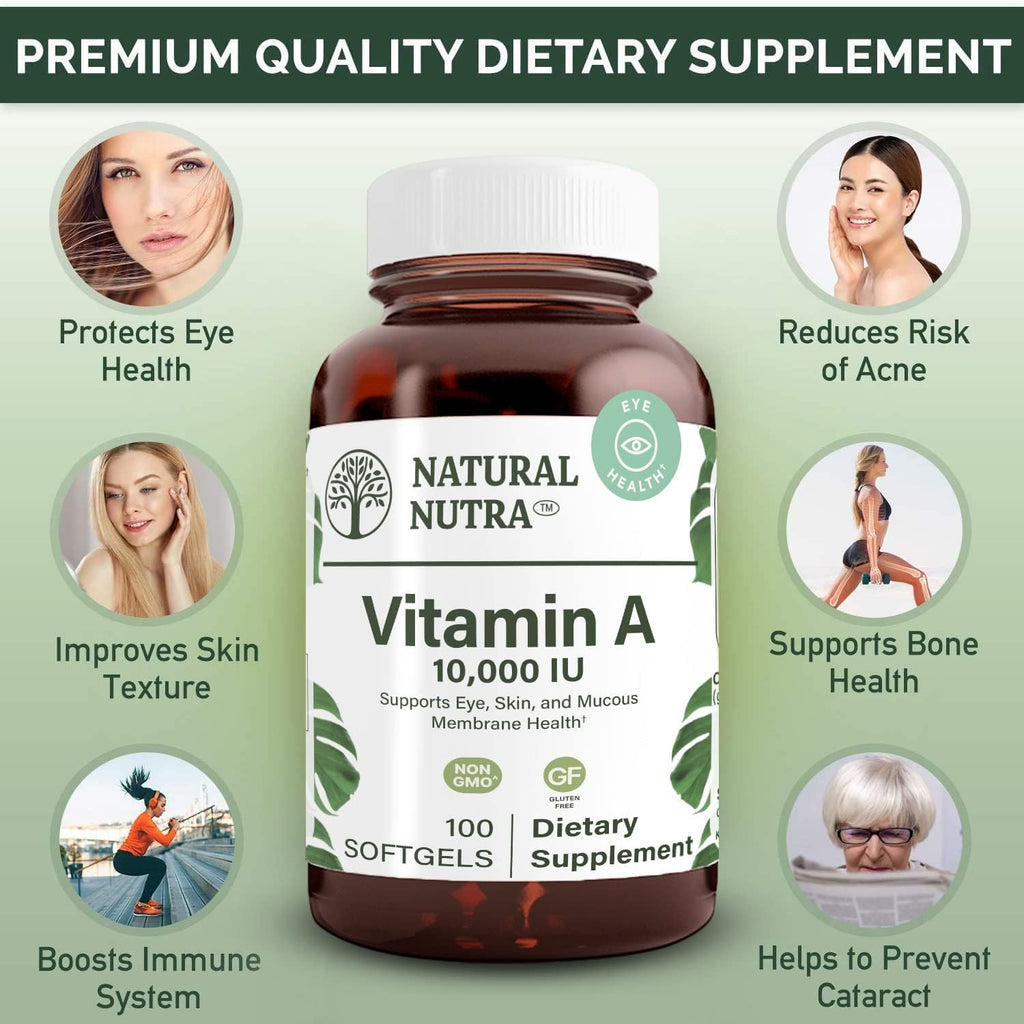 Natural Nutra Vitamina A 10.000 UI Cápsulas Blandas – Alta Potencia para Visión y Piel – Sin Gluten – Aceite de Hígado de Pescado – 100 Cápsulas (Envase de 2)