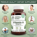 Natural Nutra Vitamina A 10.000 UI Cápsulas Blandas – Alta Potencia para Visión y Piel – Sin Gluten – Aceite de Hígado de Pescado – 100 Cápsulas (Envase de 2)