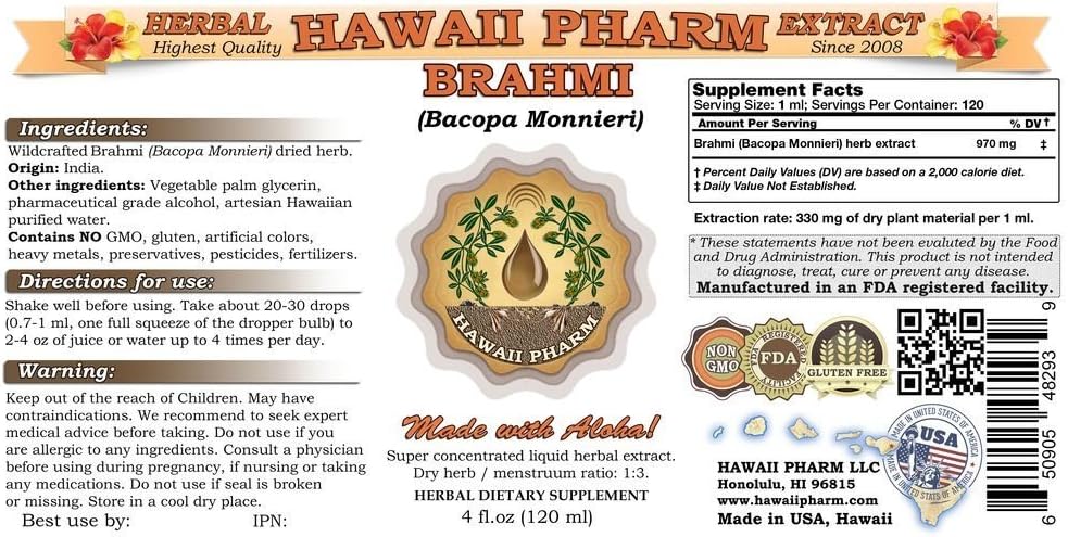 Hawaii Pharm Brahmi (Bacopa Monnieri) Extracto Líquido 2x4 oz