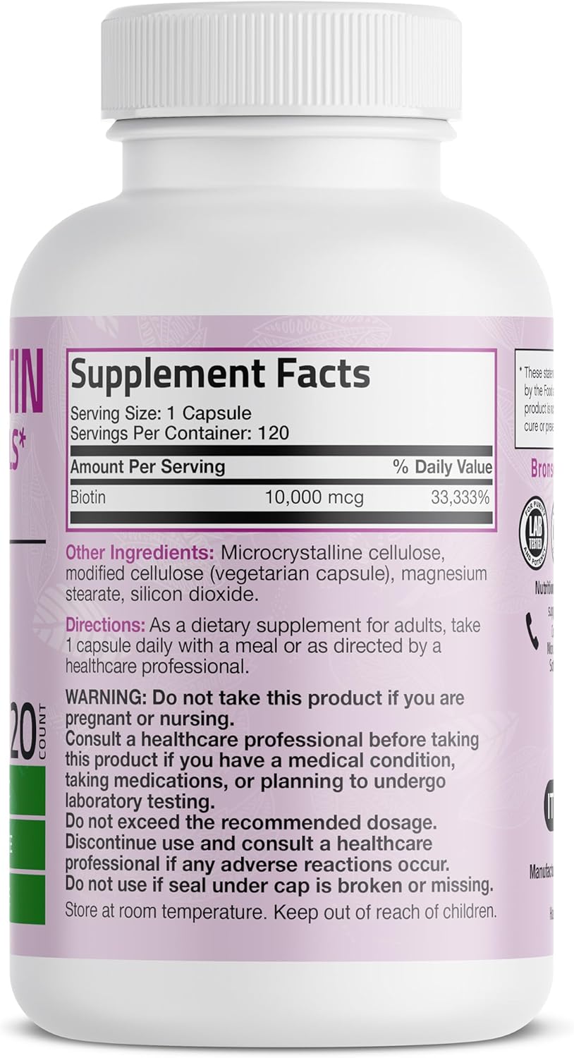 Bronson Ultra Biotin 10,000 mcg – Complemento para Cabello, Piel y Uñas, 120 Cápsulas Vegetales