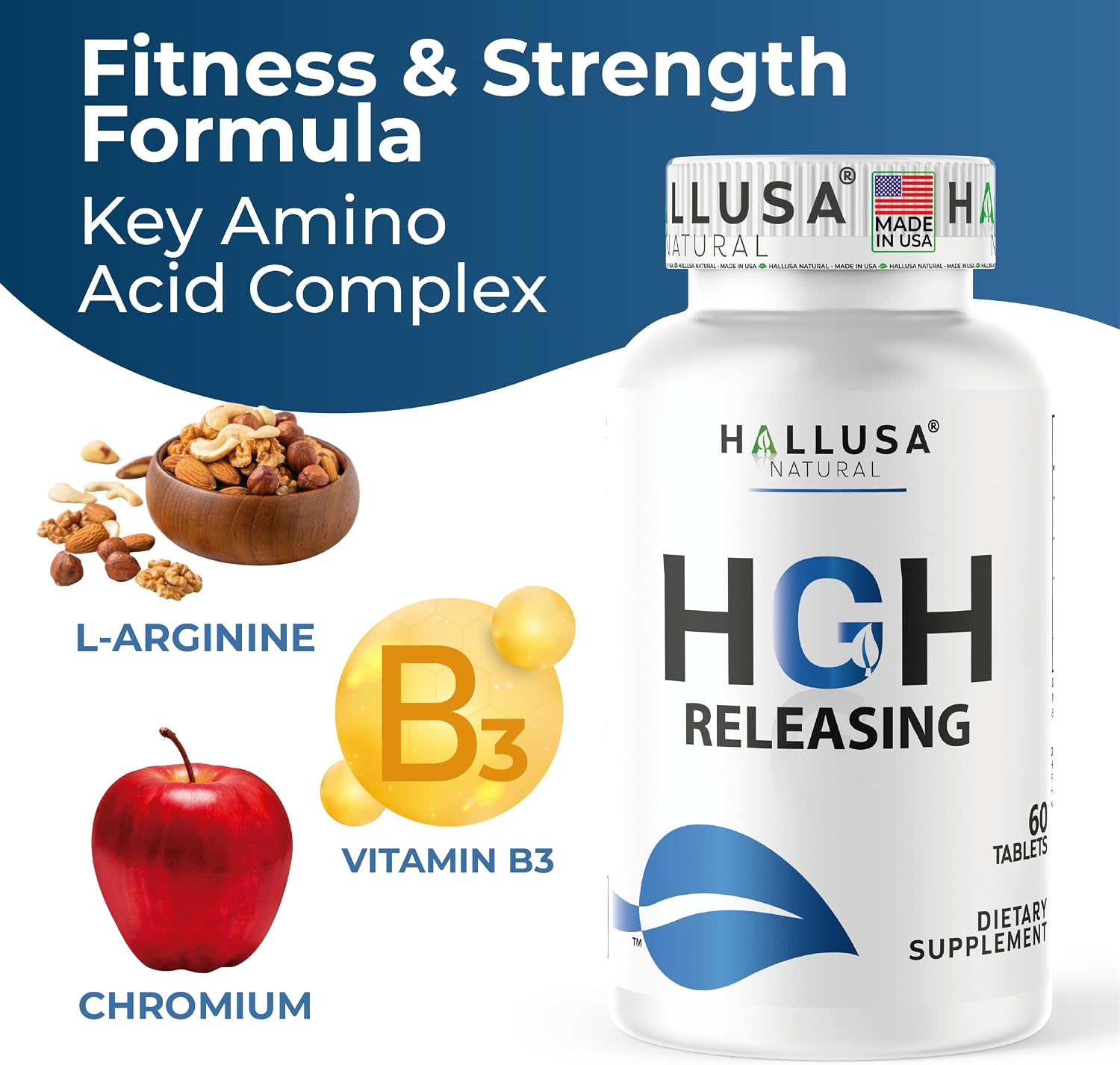 HGH-Releasing Support Supplement with L-Arginine & Ornithine | Nitric Oxide Support for Muscle Recovery, Energy & Performance | Amino Acid Complex with Vitamin B3 & Chromium | 60 Tablets