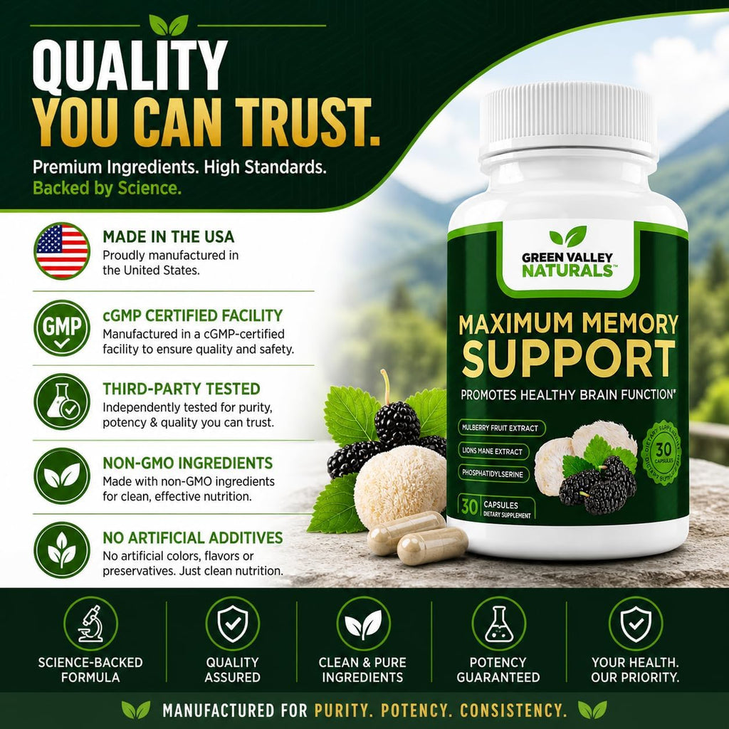 Green Valley Naturals Maximum Memory Support - Suplemento Cognitivo con Lion's Mane, Mulberry, Phosphatidylserine y Vitaminas B Metiladas - 30 Cápsulas