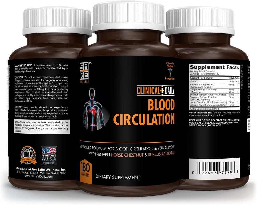 Clinical Daily Suplemento para la Circulación Sanguínea con Butcher's Broom, Horse Chestnut, Hawthorn, Cayena, Arginina, Diosmina - 180 Cápsulas