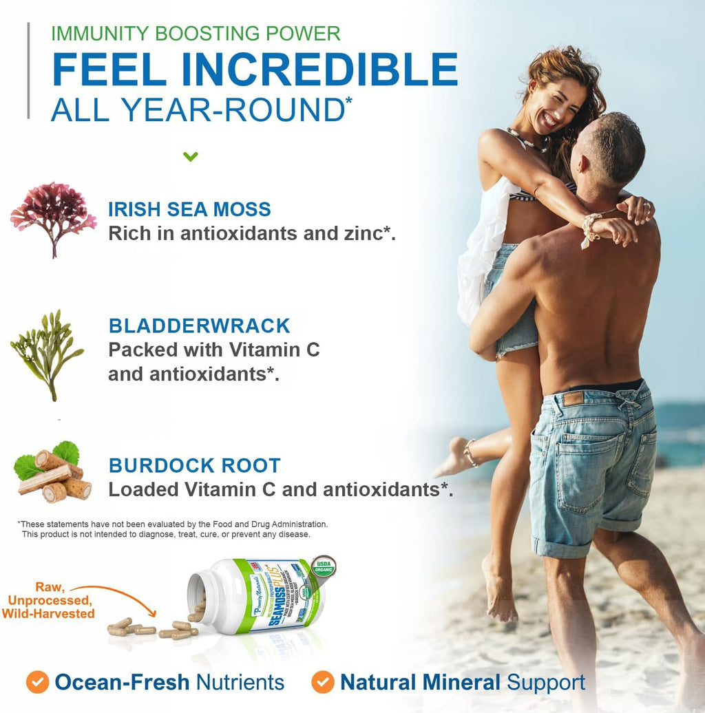 Power By Naturals Sea Moss Plus – Cápsulas Orgánicas de Musgo de Mar Irlandés con Bladderwrack y Raíz de Bardana – 120 Cápsulas (Suministro para 2 Meses)