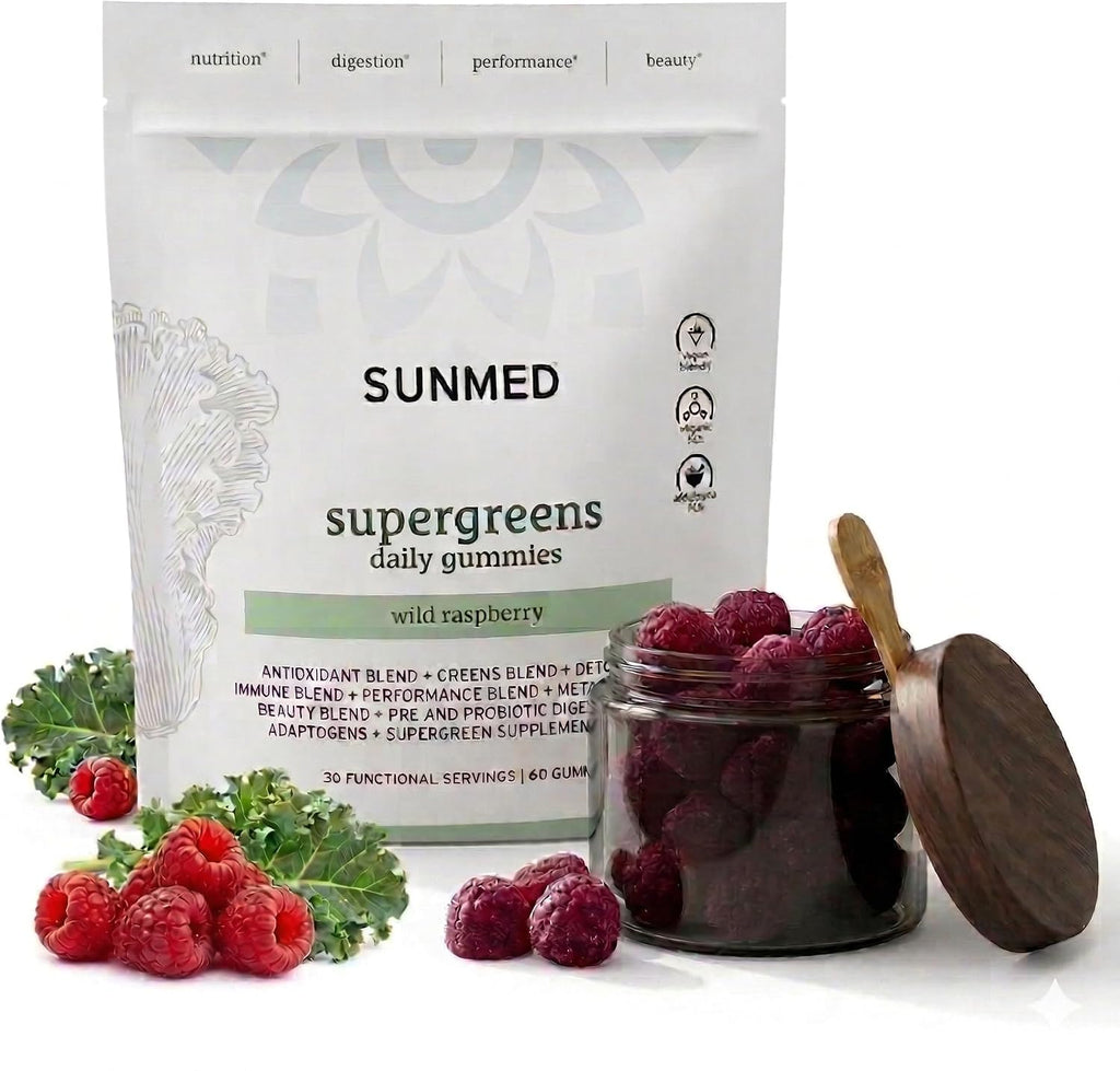 SUNMED Supergreens Daily Gummies – Mezcla de Bienestar con Ashwagandha, Té Verde, Spirulina, Probióticos y Antioxidantes | Frambuesa Silvestre, 60 unidades
